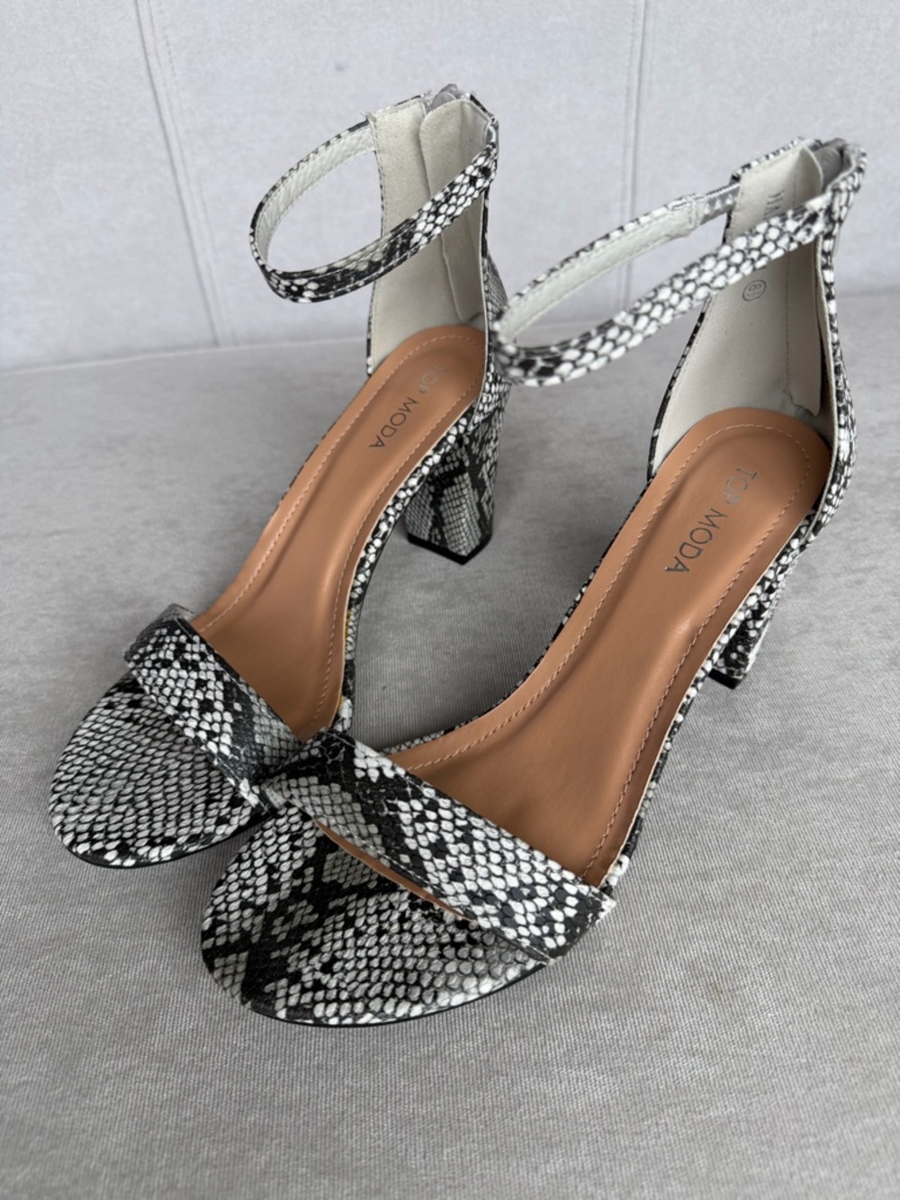 TOP Moda Snake-Print Ankle Strap Block Heel Sandal - Black & White
